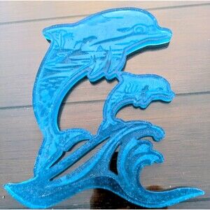 Handmade Blue Lucite Acrylic Dolphin Wall Art–Etched Nautical Decor–Ocean waves